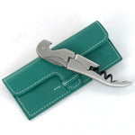 Load image into Gallery viewer, Leather case with stainless steel corkscrew, shown closed from front.
