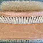 Load image into Gallery viewer, Clothing and shoe brushHorsehair and oak clothing and shoe brush showing  the bottom and side, best for lint, pet hair and buffing shoes close up of 3 pieces, showing top, side and bottom. Best for lint, pet hair and buffing shoes

