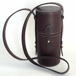 Load image into Gallery viewer, Burgundy latigo leather thermos case with 12 ounce thermos case closed from the front
