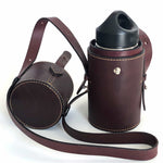 Load image into Gallery viewer, Burgundy latigo leather thermos case with 12 ounce thermos with lid off from the front thermos in case
