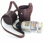 Load image into Gallery viewer, Burgundy latigo leather thermos case with 12 ounce thermos case open from the front with thermos on side
